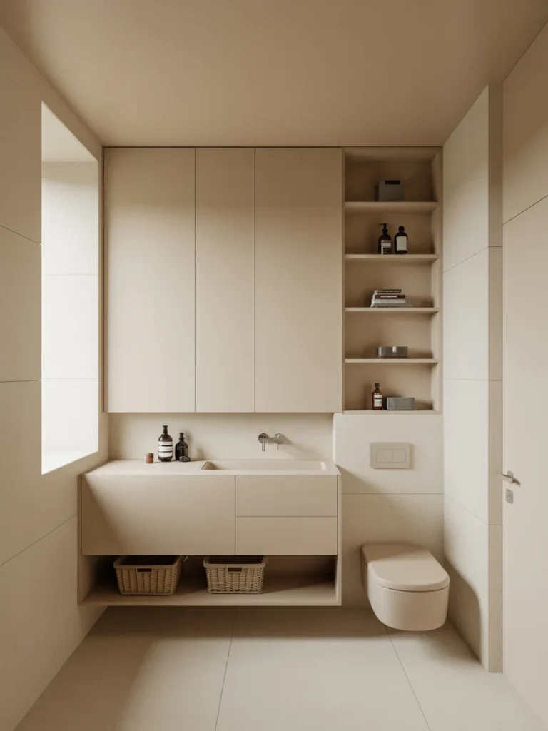 Minimalist bathroom with built-in cabinetry, open shelving, and smart hidden storage in neutral tones.