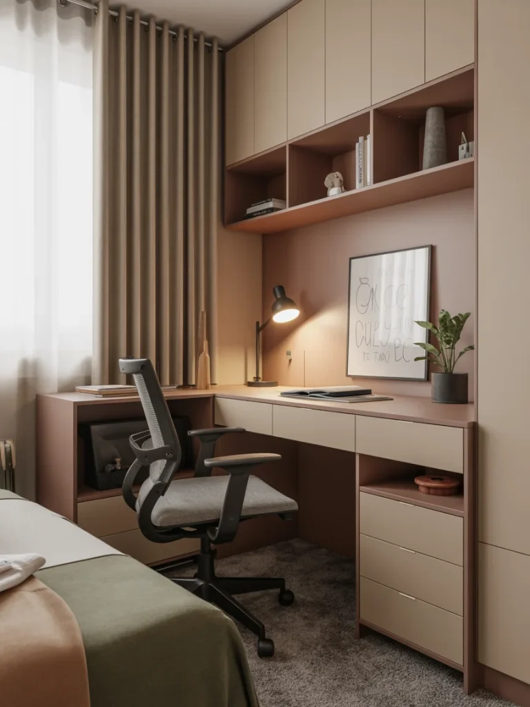 Modern student study area with built-in desk, ergonomic chair, and organized shelves designed to enhance focus and productivity.
