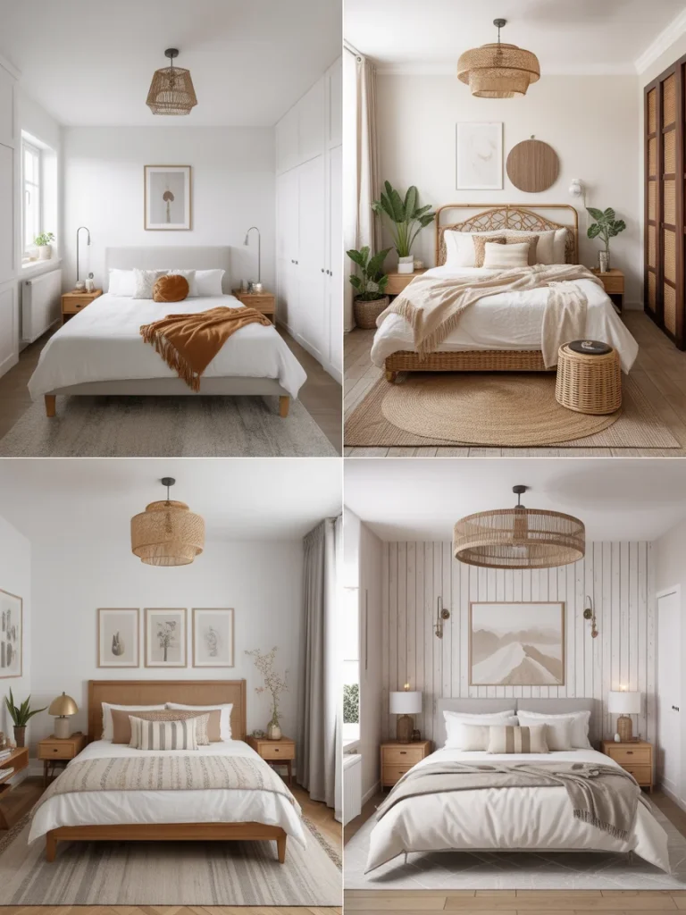 Four stylish small bedroom designs showcasing modern, boho, Scandinavian, and farmhouse aesthetics.