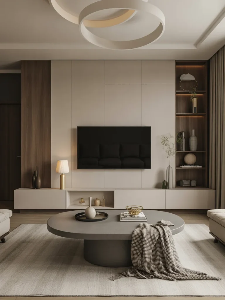 Modern living room with built-in TV wall, neutral decor, and elegant styling accents.