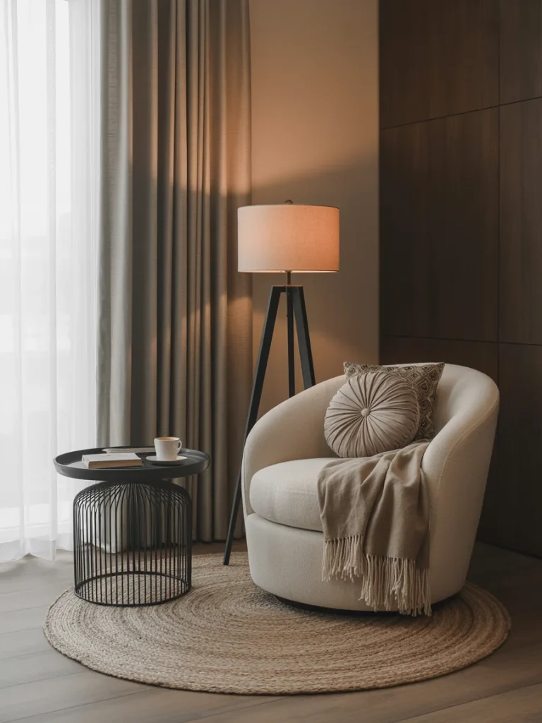 Cozy reading nook with a cream swivel chair, round jute rug, black side table, and floor lamp by a window with beige curtains.