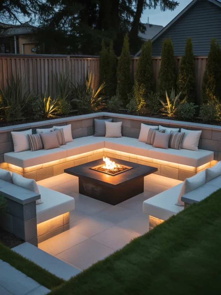 Modern sunken fire pit lounge with built-in seating and ambient lighting in a landscaped backyard.