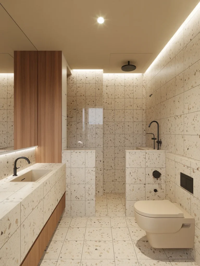 Eco-friendly minimalist bathroom with terrazzo tiles, wood accents, and modern black fixtures.