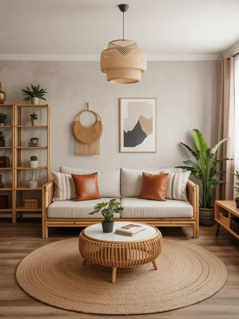 Eco-friendly living room with rattan furniture, natural textures, indoor plants, and earthy neutral tones.