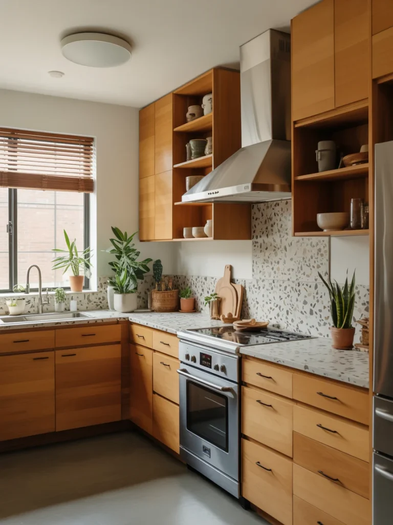 Eco-friendly kitchen with wooden cabinets, terrazzo countertops, and indoor plants showcasing sustainable design trends.
