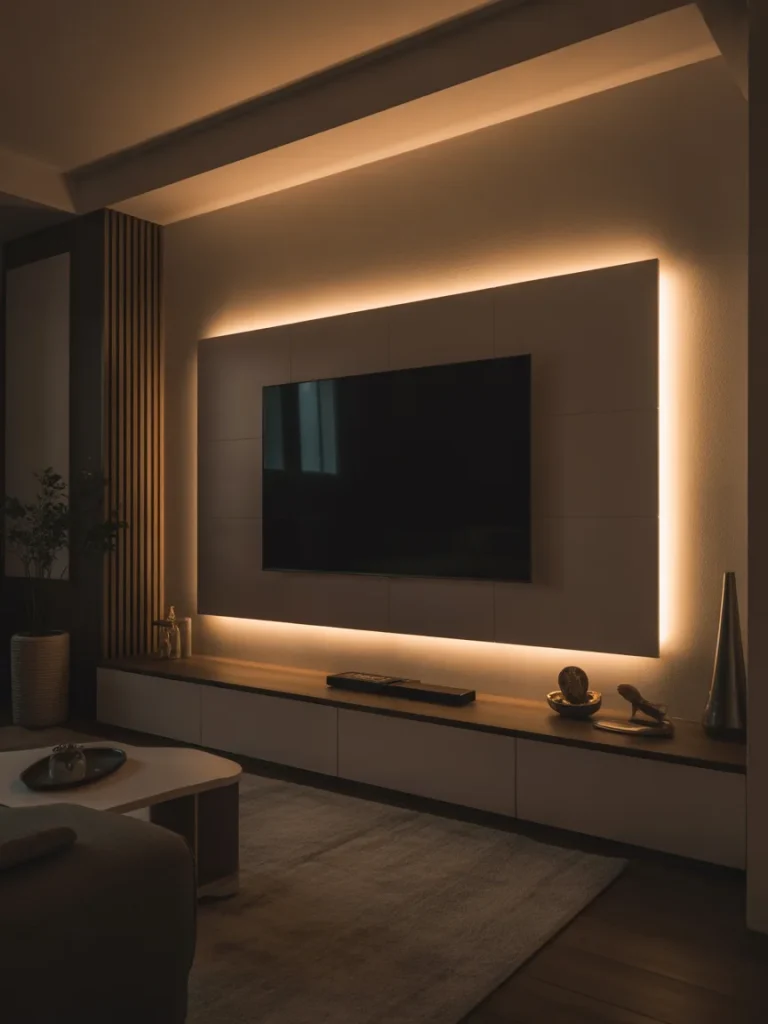 Modern TV wall design with warm LED backlighting, wood accents, and minimalist decor.