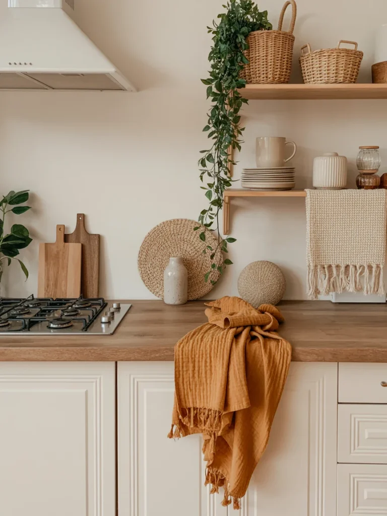 Earthy kitchen with woven baskets, greenery, and soft textiles adding warmth and texture.