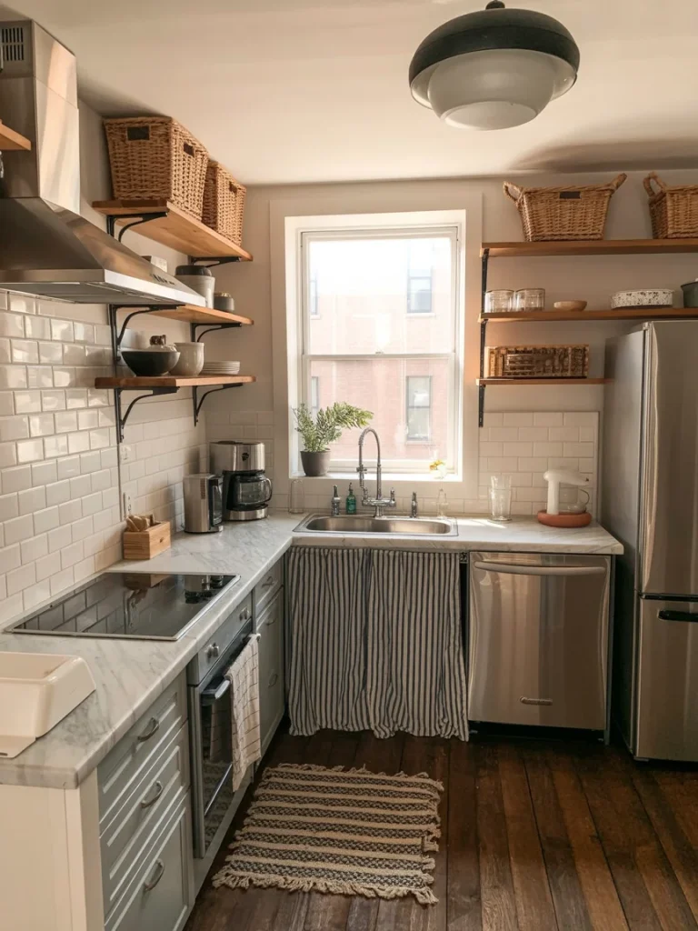Warm kitchen with marble countertops, woven baskets, striped sink curtain, and wooden shelves adding layered texture and charm.