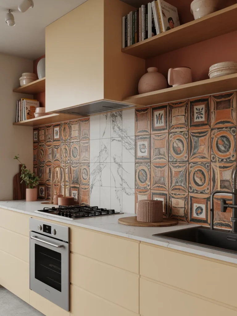 Modern kitchen with terracotta patterned backsplash, marble accents, and open wood shelving for a bold artistic look.
