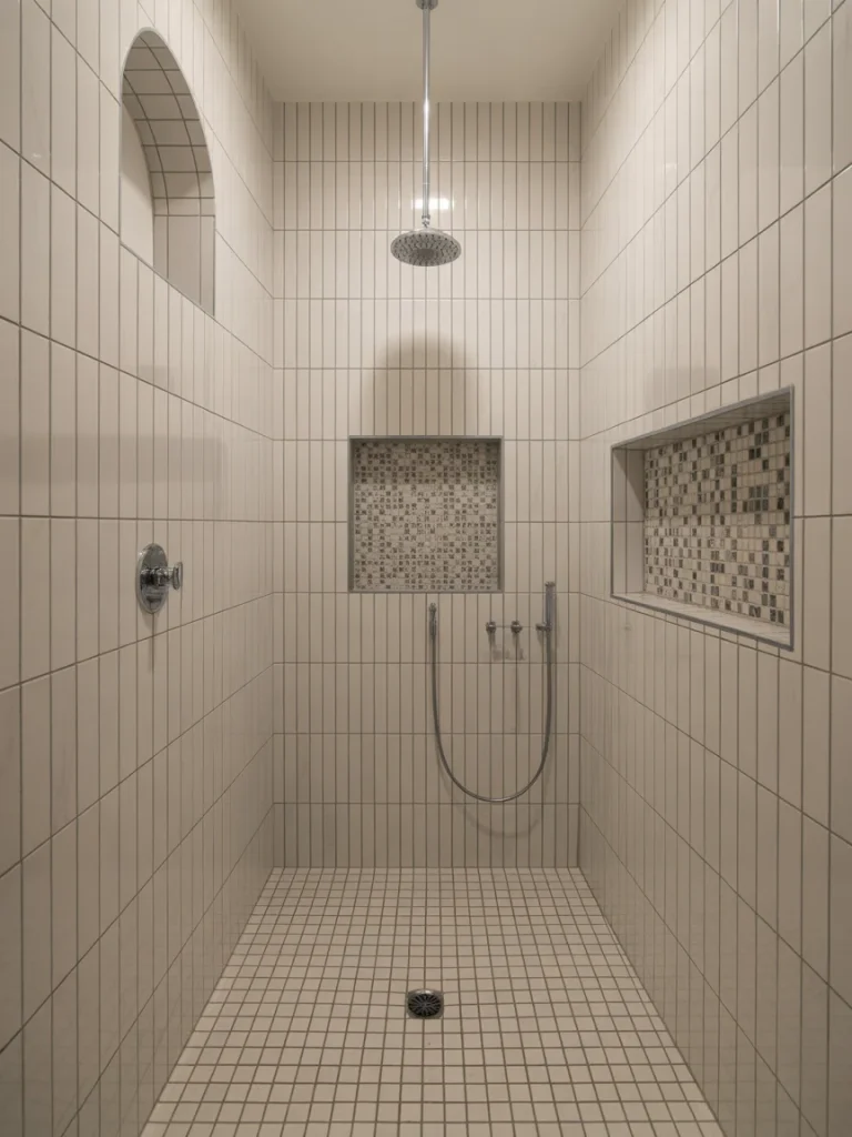 Modern walk-in shower with vertical subway tiles, mosaic insets, and a rainfall showerhead.