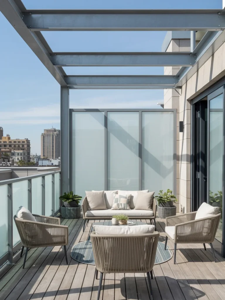 Modern balcony with frosted glass panels and neutral outdoor seating creating a private and stylish urban retreat.