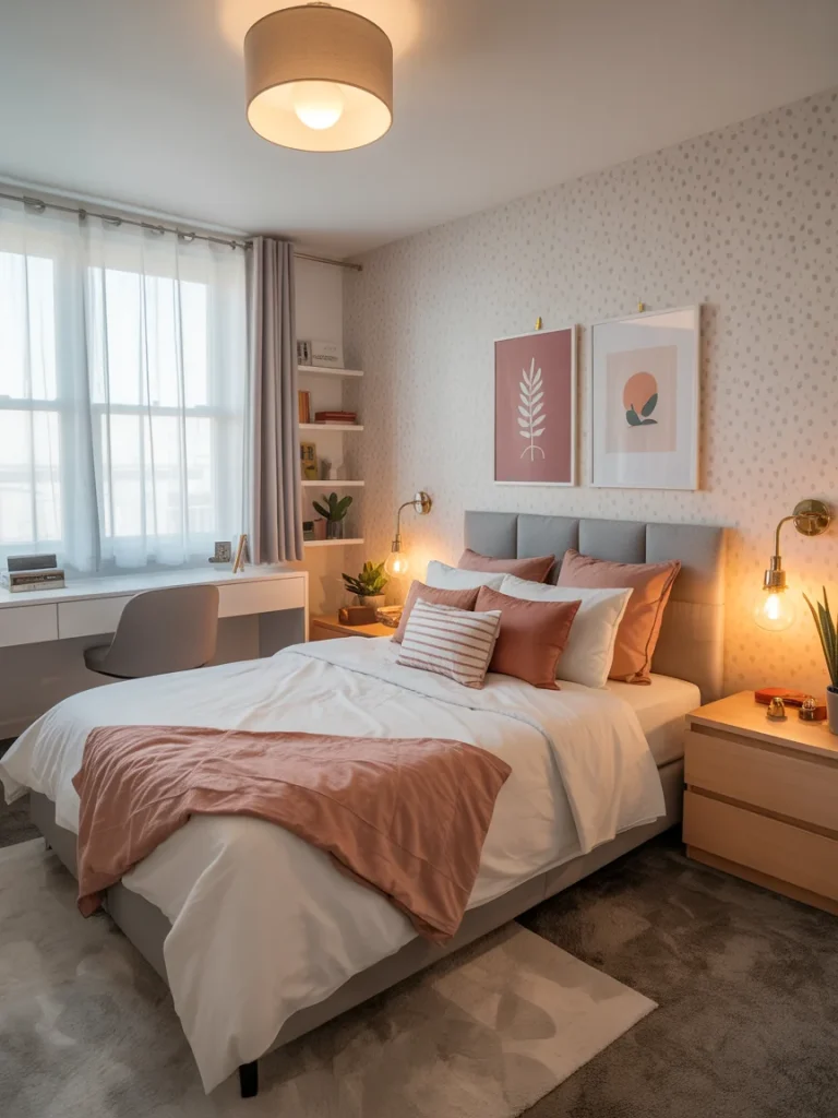Modern student bedroom with soft pink and white decor, featuring removable wallpaper, framed art, and cozy bedding for a renter-friendly design.