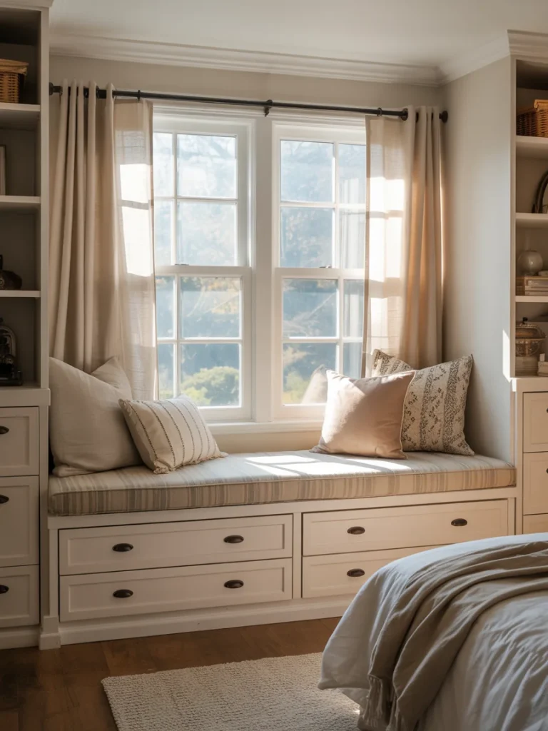 Cozy bedroom with a built-in dresser bench under the window, featuring drawers and soft cushions.