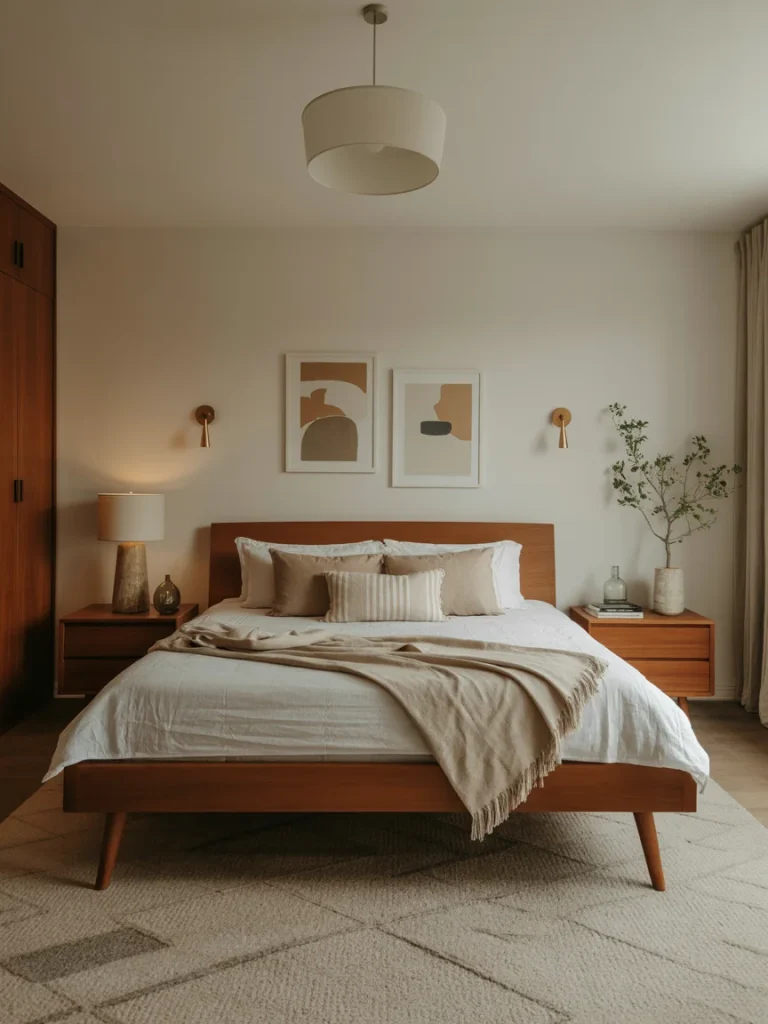 A minimalist mid-century modern bedroom with a wooden platform bed, neutral bedding, abstract wall art, and warm ambient lighting.