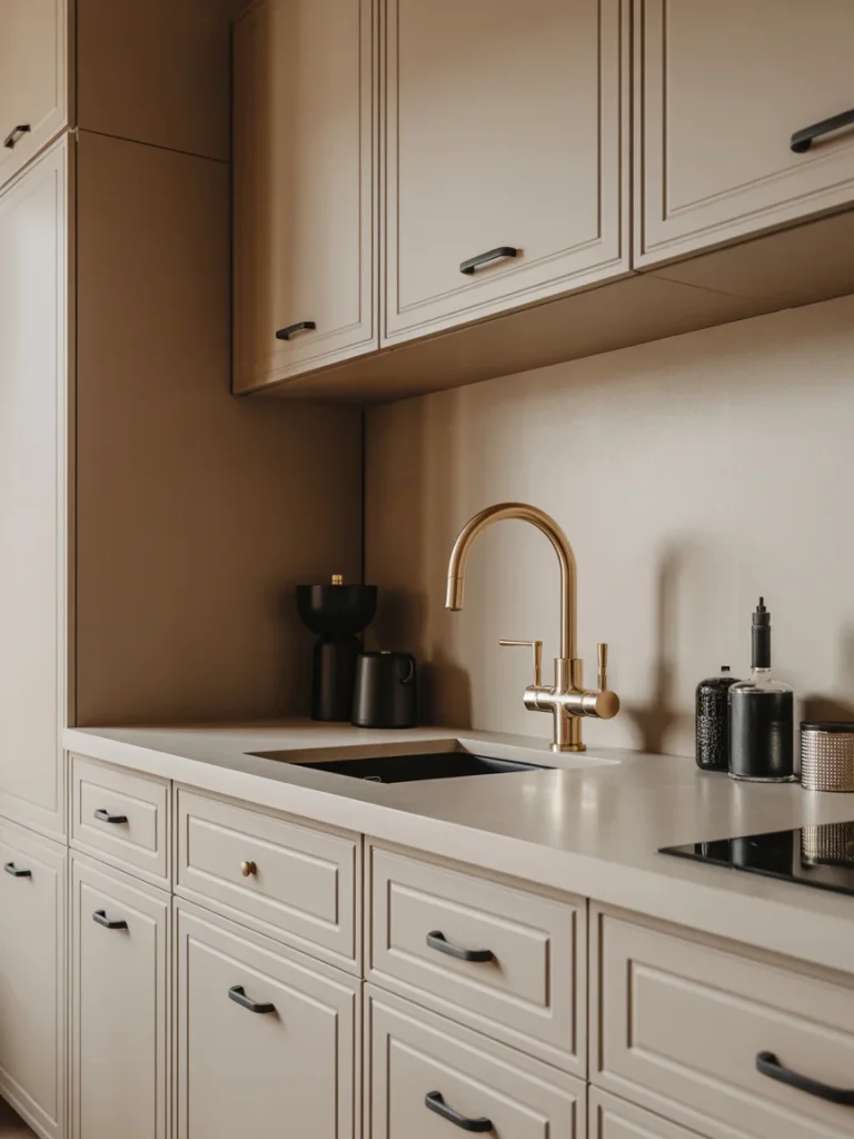 Modern beige kitchen with sleek black cabinet handles and a gold faucet for a sophisticated contrast.
