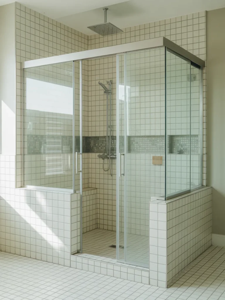 Modern small bathroom with a glass-enclosed shower featuring square white tiles and a rainfall showerhead.