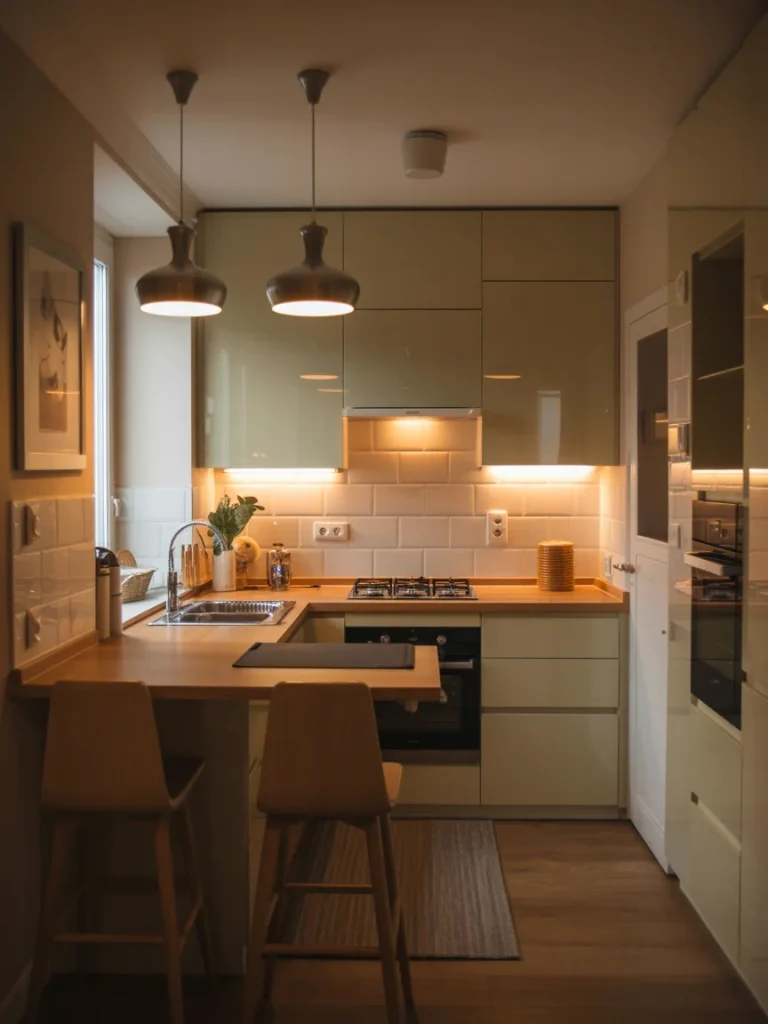 Cozy modern apartment kitchen with warm pendant lighting, soft under-cabinet lights, and glossy cabinets creating a spacious feel.