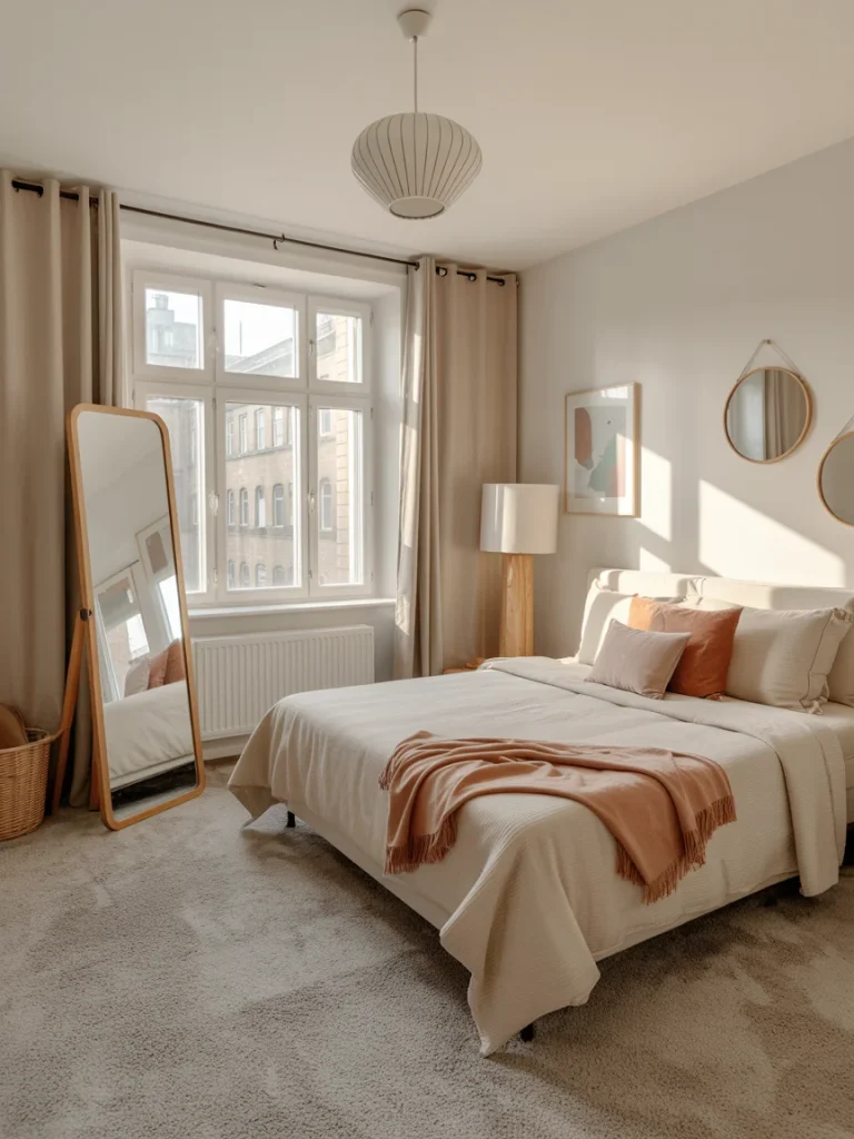 Bright minimalist bedroom with a large floor mirror and neutral decor designed to enhance light and create the illusion of space.