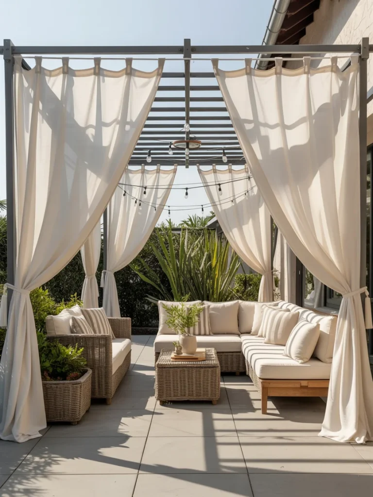 Modern patio with white outdoor curtains draped around a pergola, creating a stylish and private seating area with neutral furniture.
