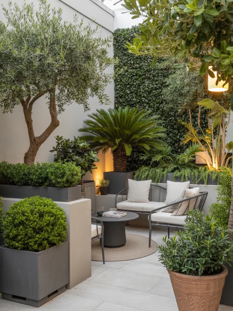 Modern courtyard patio with potted trees, lush greenery, and cozy seating creating a private and tranquil outdoor retreat.