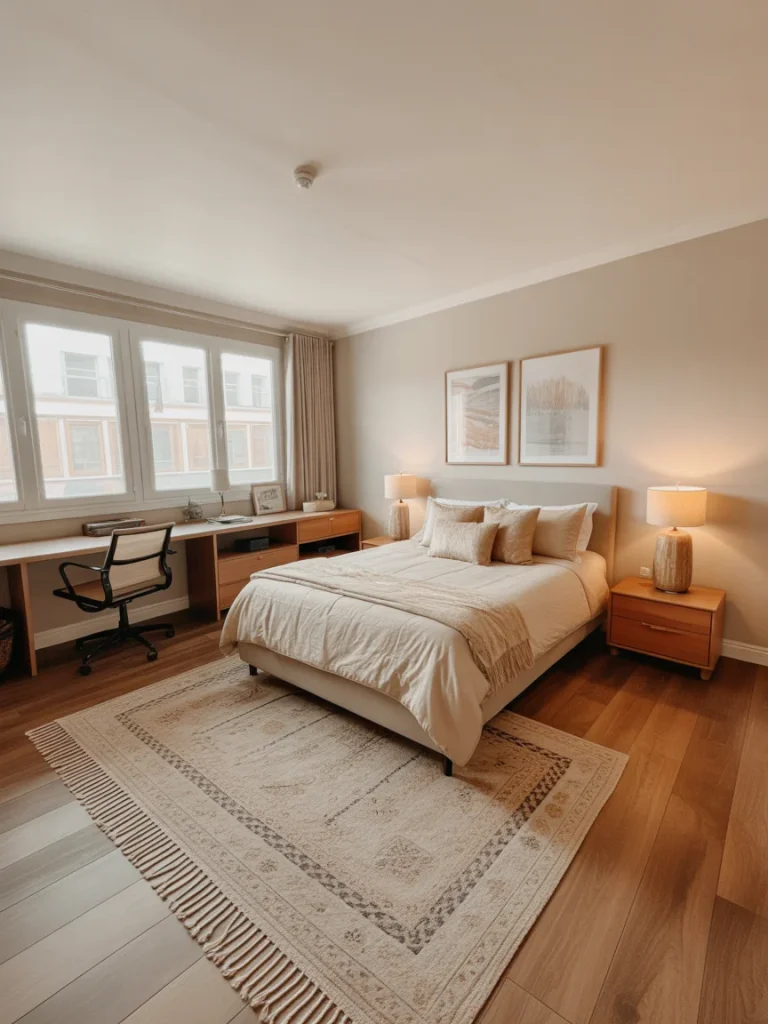 Warm neutral bedroom with a large patterned rug defining the sleeping area.