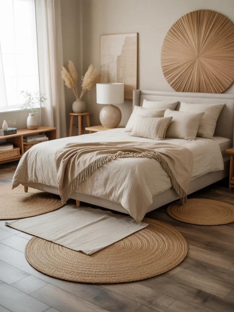 Neutral bedroom with layered jute rugs, beige bedding, and natural textures that create warmth and visual balance.