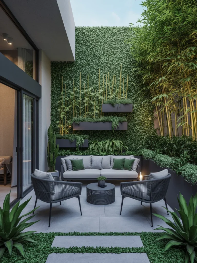 Modern patio with tall bamboo plants, lush green walls, and sleek gray outdoor furniture creating a private, serene space.