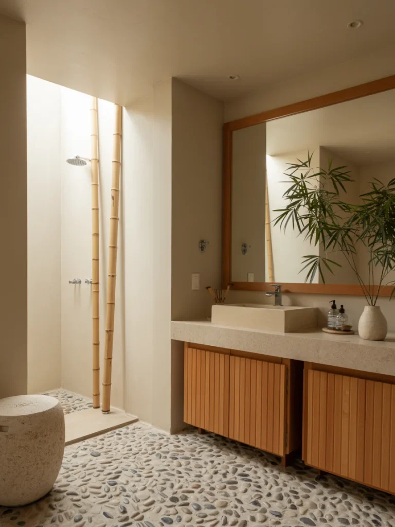 Minimalist bathroom with natural stone floor, bamboo accents, and wooden vanity adding warmth and texture.