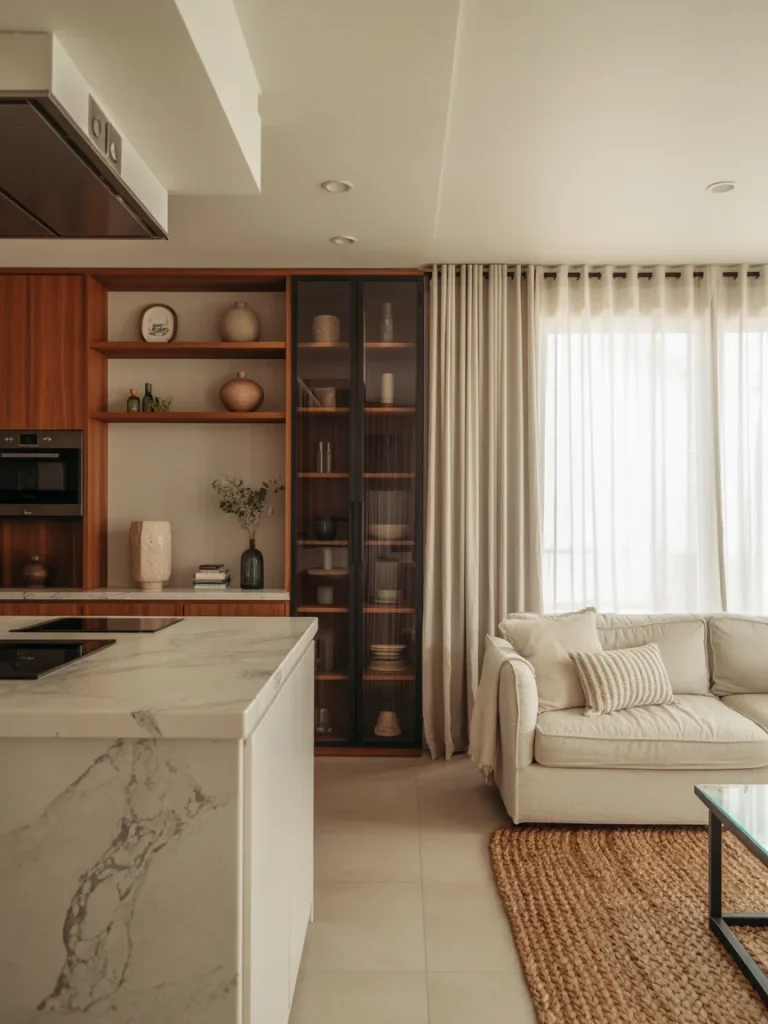Open concept living area featuring a beige sofa, marble kitchen island, wood cabinetry, and woven rug for a balanced mix of textures.