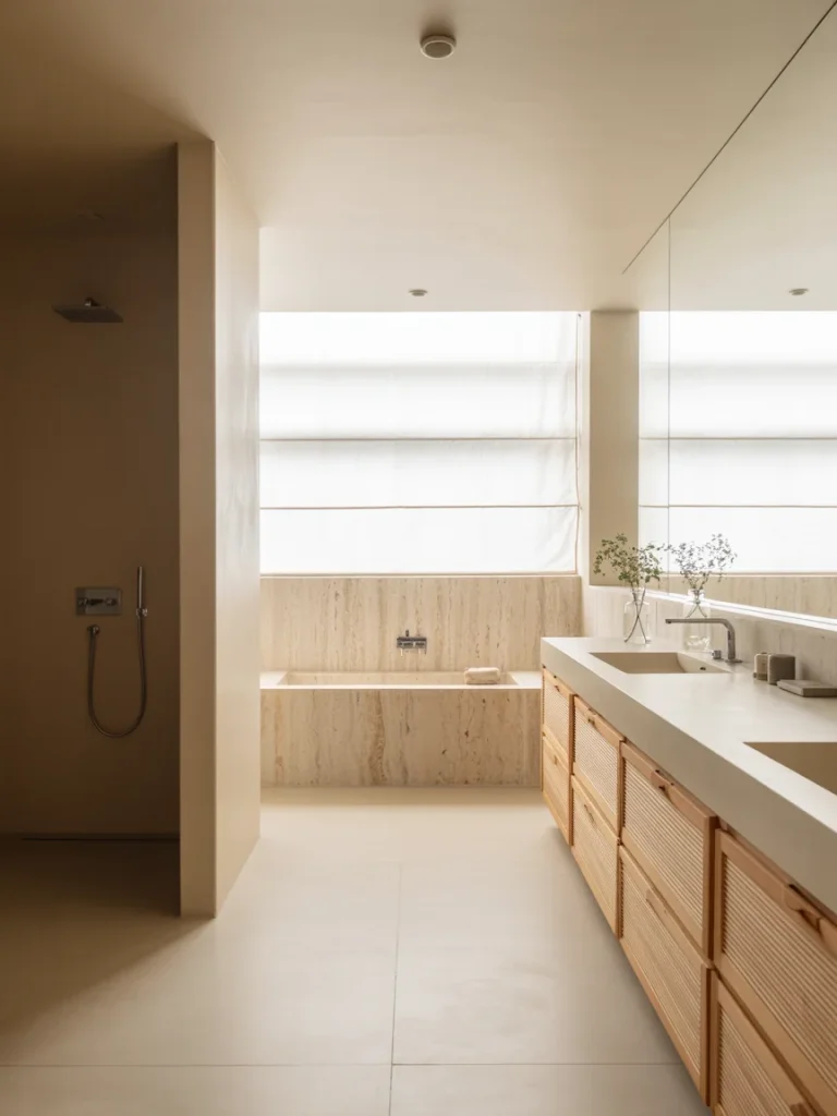 Warm minimalist bathroom with travertine bathtub, walk-in shower, and double vanity with wood accents.