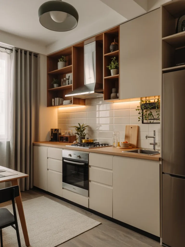 Modern apartment kitchen with warm lighting, beige cabinets, wood countertops, and open shelving decorated with plants and ceramics.