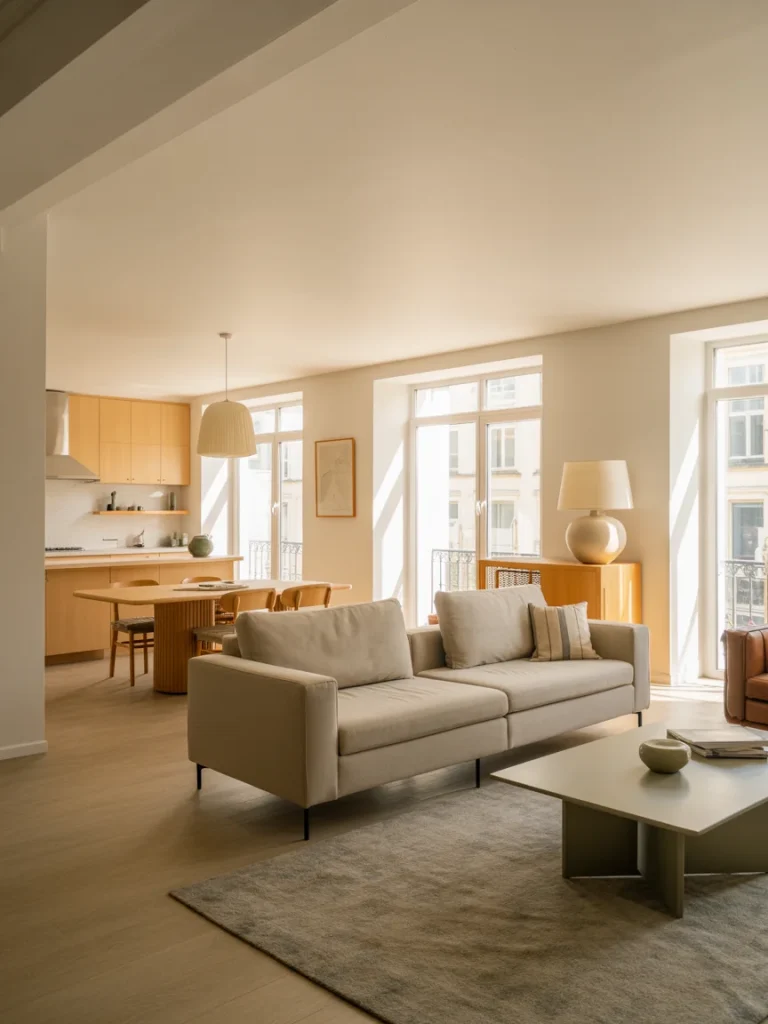 Open concept living room with beige sofa, wooden furniture, and natural light streaming through large windows.