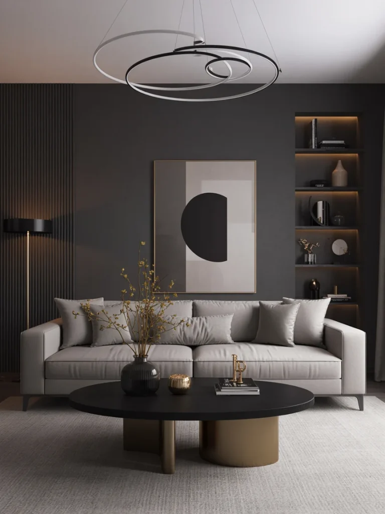Elegant black and grey living room with a modern sofa, round coffee table, and abstract wall art.