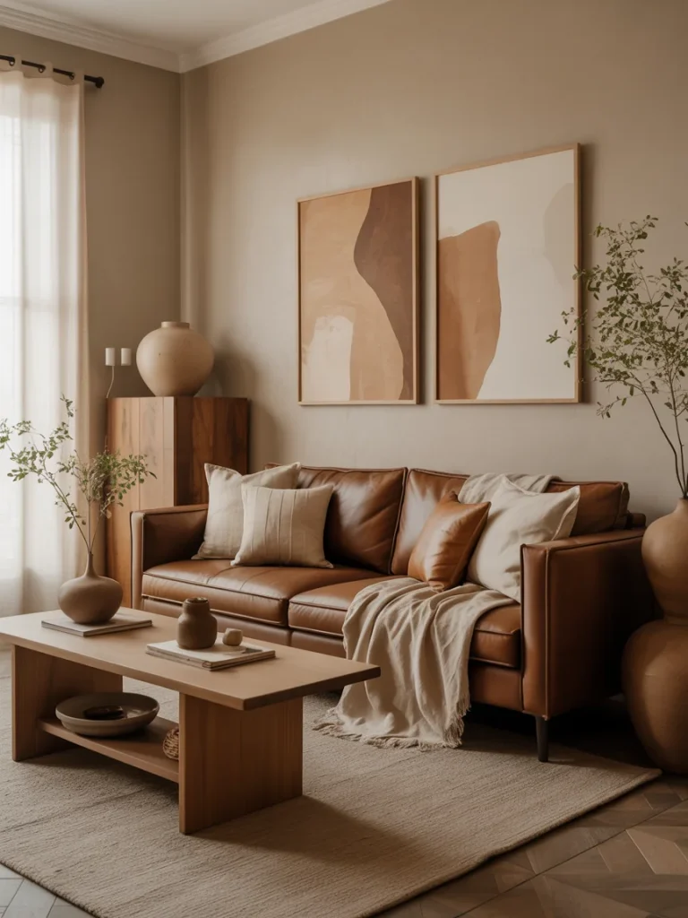 Warm brown living room with a leather sofa, neutral decor, and earthy tones creating a cozy, elegant atmosphere.