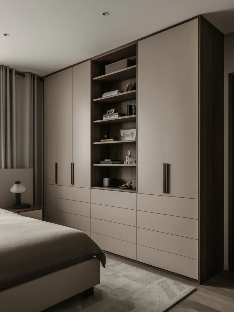 Elegant built-in dresser with beige cabinets, open shelving, and dark wood accents in a modern bedroom.