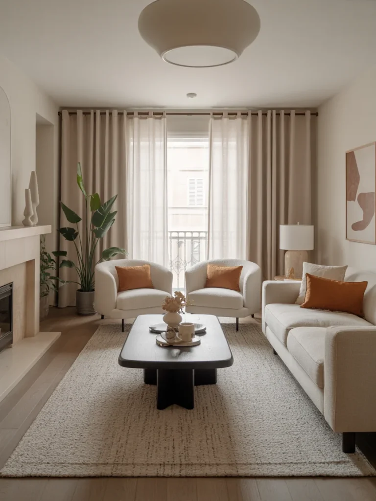 Modern neutral living room with cozy cream furniture, warm accents, and balanced decor creating a harmonious space.