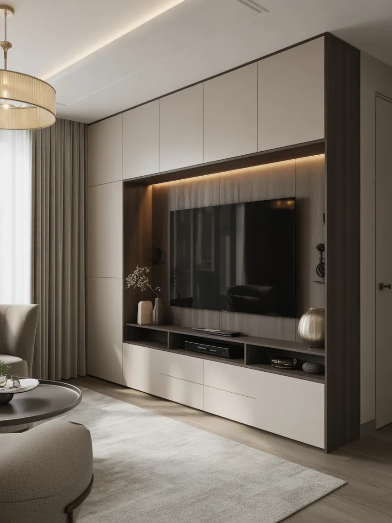 Modern TV wall design with built-in cabinetry, wood accents, and warm ambient lighting.
