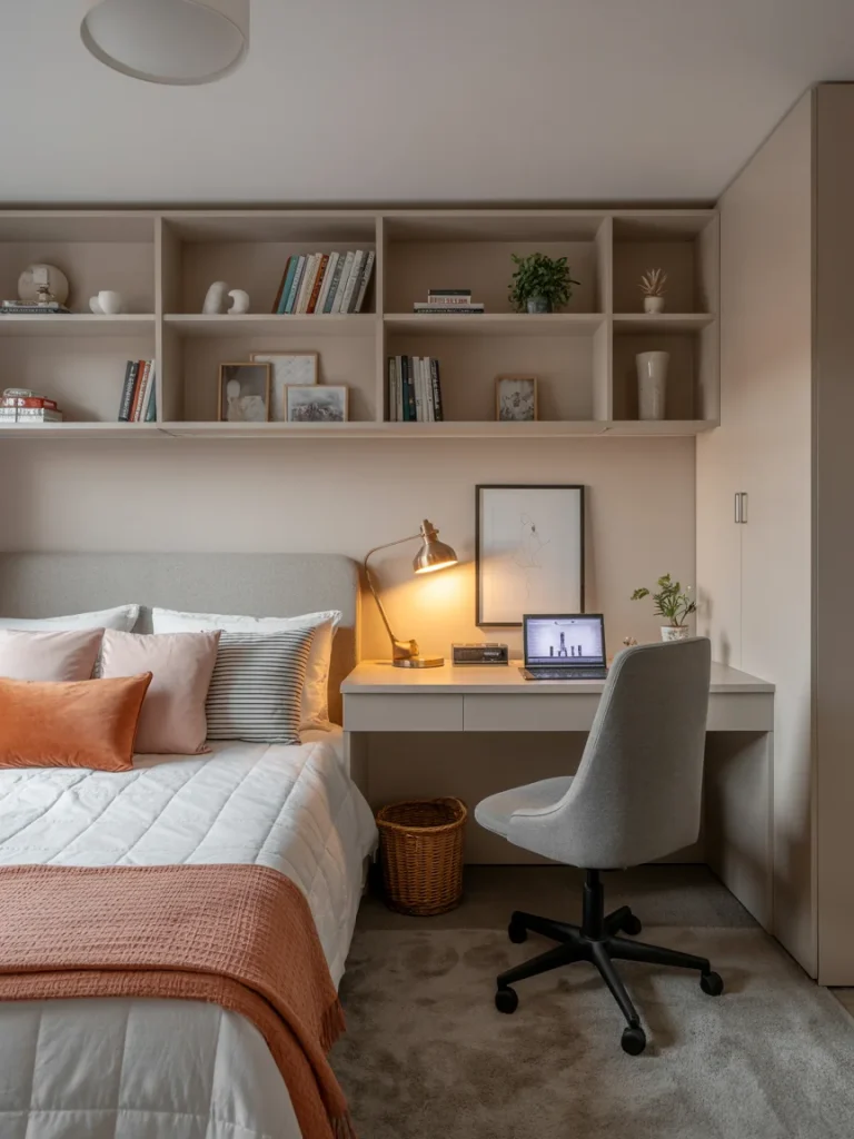 Modern university bedroom with soft lighting, built-in shelves, cozy bedding, and a study desk setup for comfort and productivity.