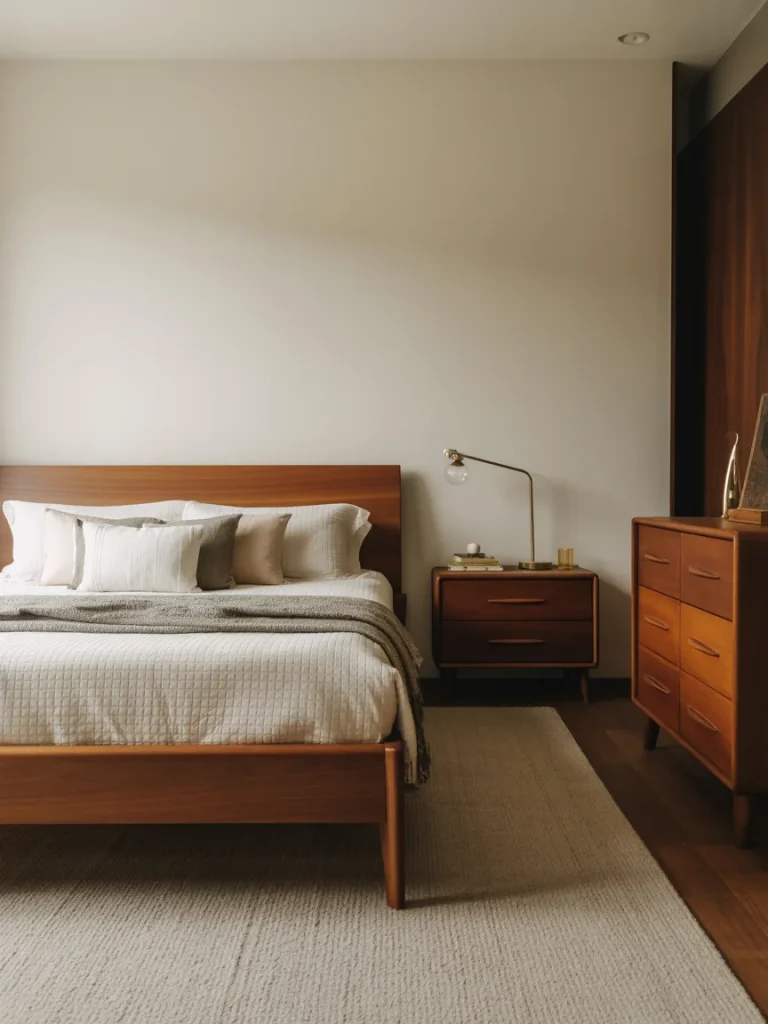 Mid-century modern bedroom featuring walnut wood furniture, warm finishes, and minimalist decor with a platform bed, nightstand, and dresser.