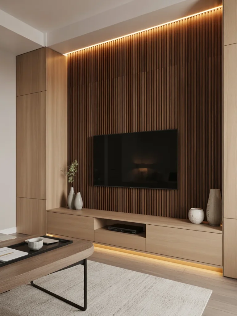 Modern wood panel TV wall with vertical slats, ambient LED lighting, and minimalist decor.