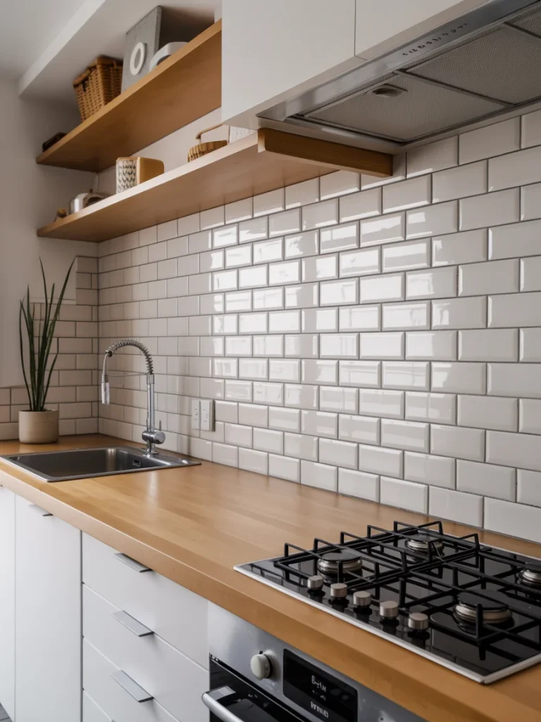 Modern kitchen with glossy white subway tile backsplash, wooden countertops, and open shelving adding warmth and personality.