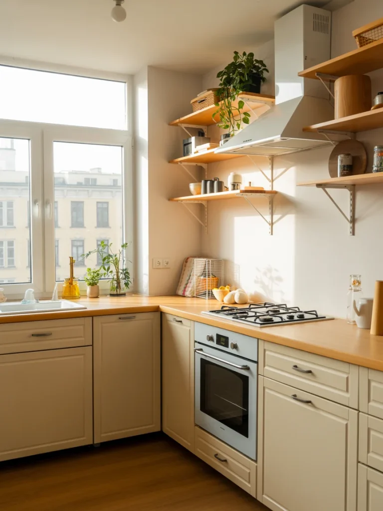Small modern apartment kitchen with natural light, white cabinets, wooden countertops, and open shelving with plants and decor.