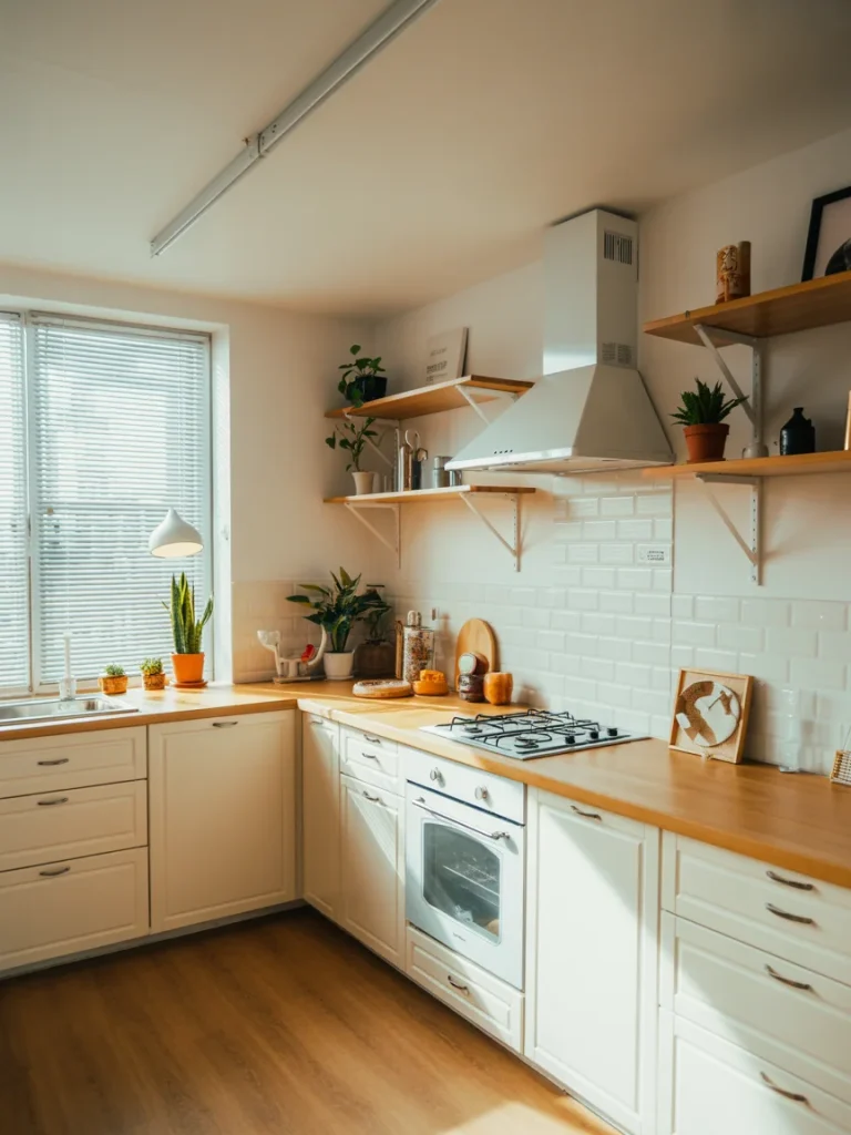 Bright apartment kitchen with white cabinets, wood countertops, and open shelves decorated with plants and modern accents.