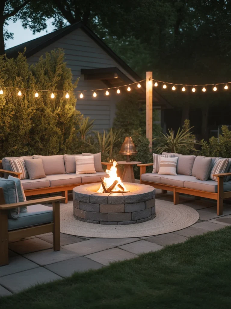Outdoor patio with a round stone fire pit, wooden seating, and cozy lighting from string lights.