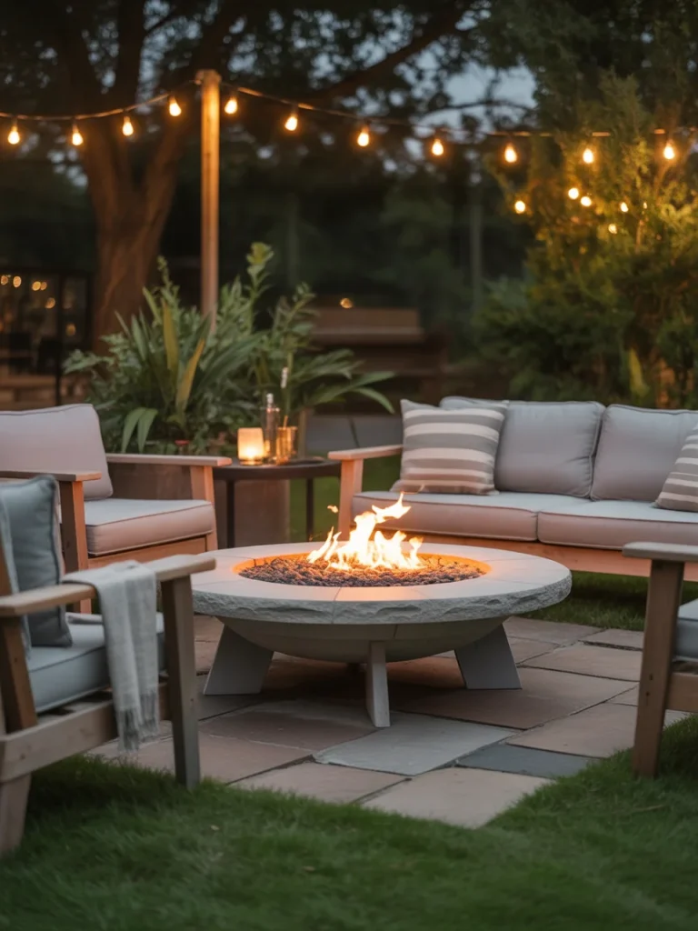 Cozy backyard seating area with a round stone fire pit surrounded by outdoor sofas and string lights.