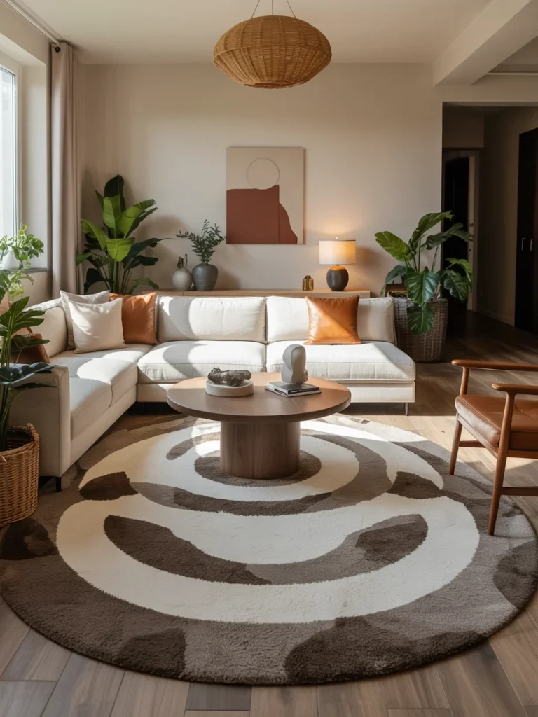 Cozy modern living room with a round abstract rug in neutral tones beneath a white sectional sofa.
