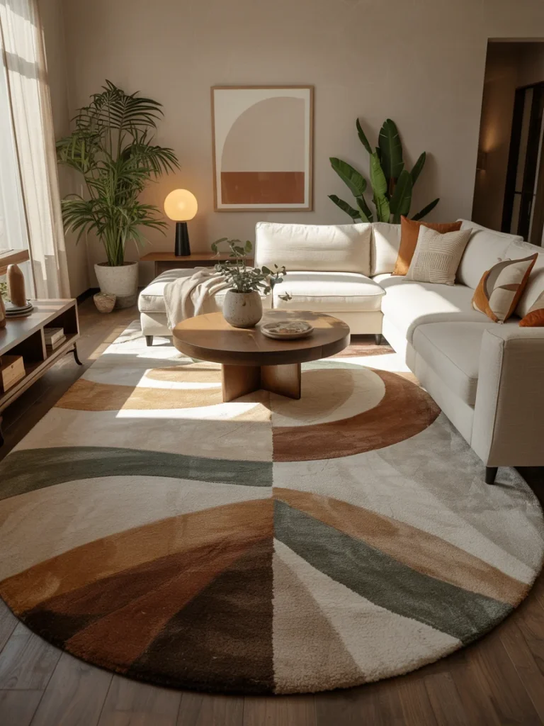 Modern living room with a round geometric rug in earthy tones beneath a white sectional sofa.