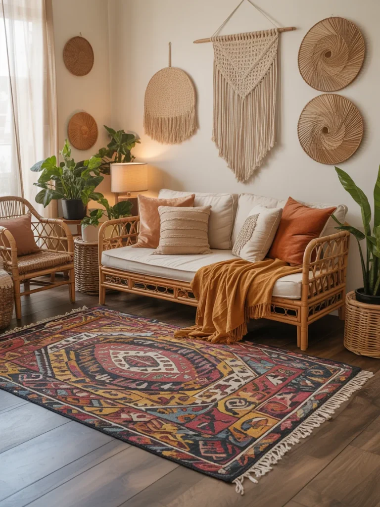 A cozy boho living room featuring a colorful patterned rug with fringe edges, rattan furniture, macramé wall decor, warm-toned pillows, and lush green plants.