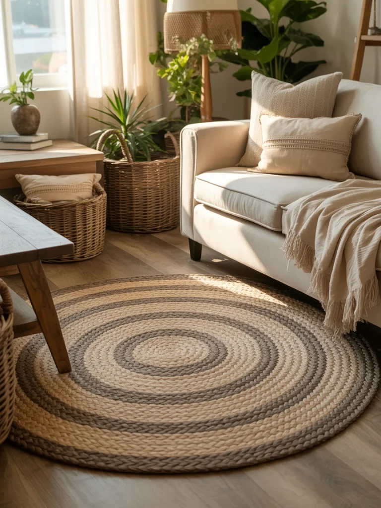 A cozy living room featuring a round braided rug in neutral beige and gray tones, surrounded by a beige sofa, wooden coffee table, woven baskets, and lush indoor plants in natural sunlight.