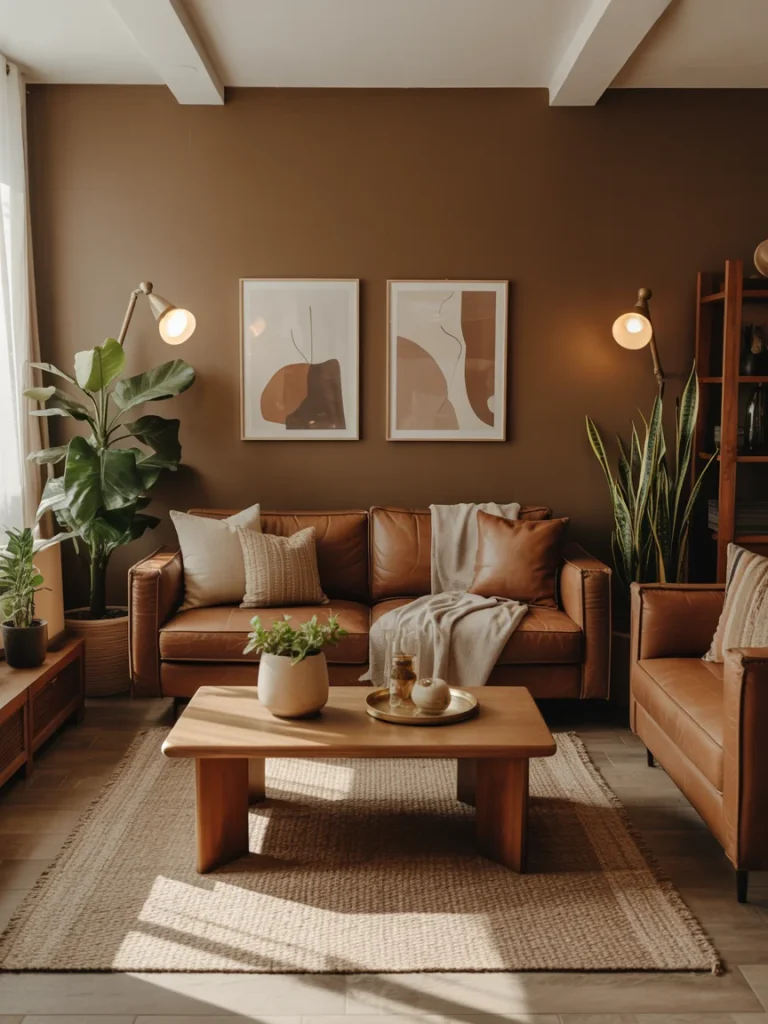 A cozy brown living room with leather sofas, a wooden coffee table, warm earthy decor, and potted plants adding natural charm.
